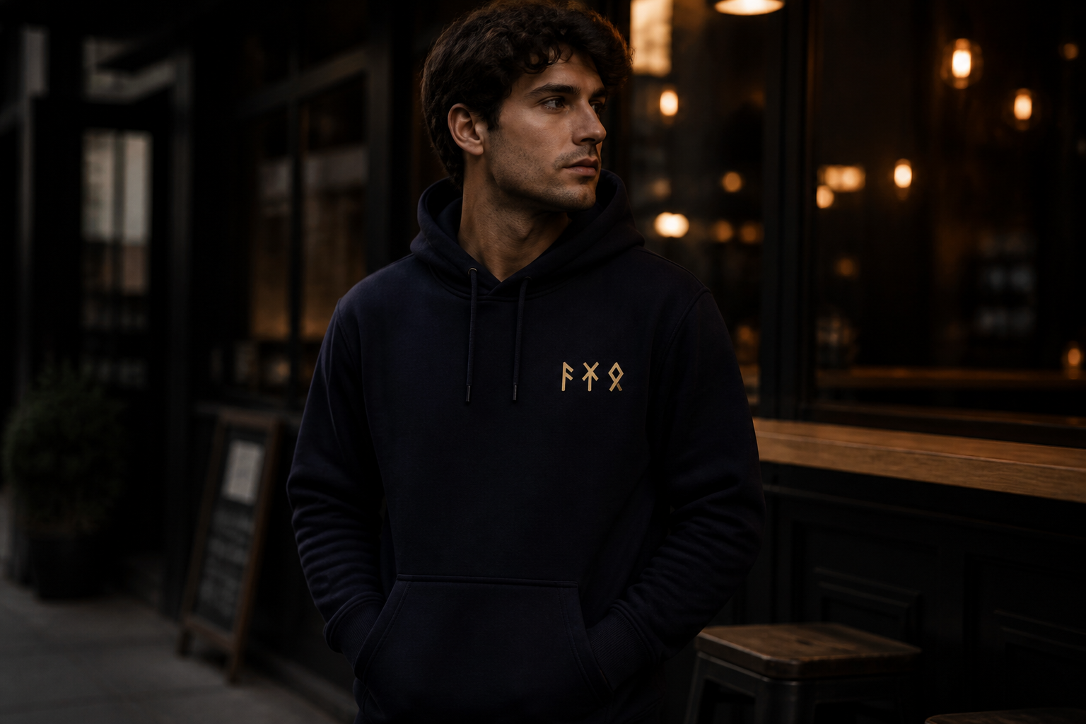 Hoodie · runes ᛖᛉᛟ · on model